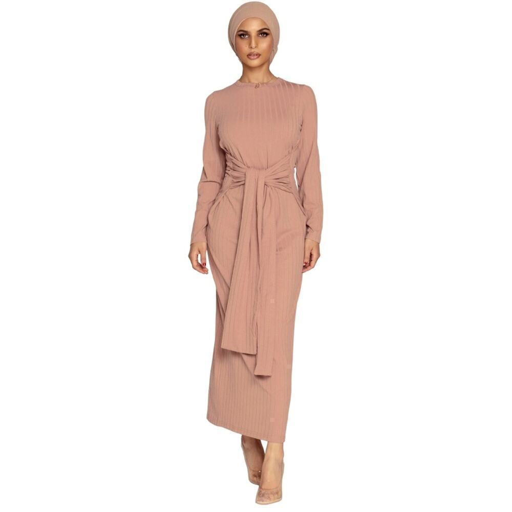 VEILED COLLECTION Ribbed Tie Waist Long Sleeve Wrap Waist Maxi Dress - Rose Nude